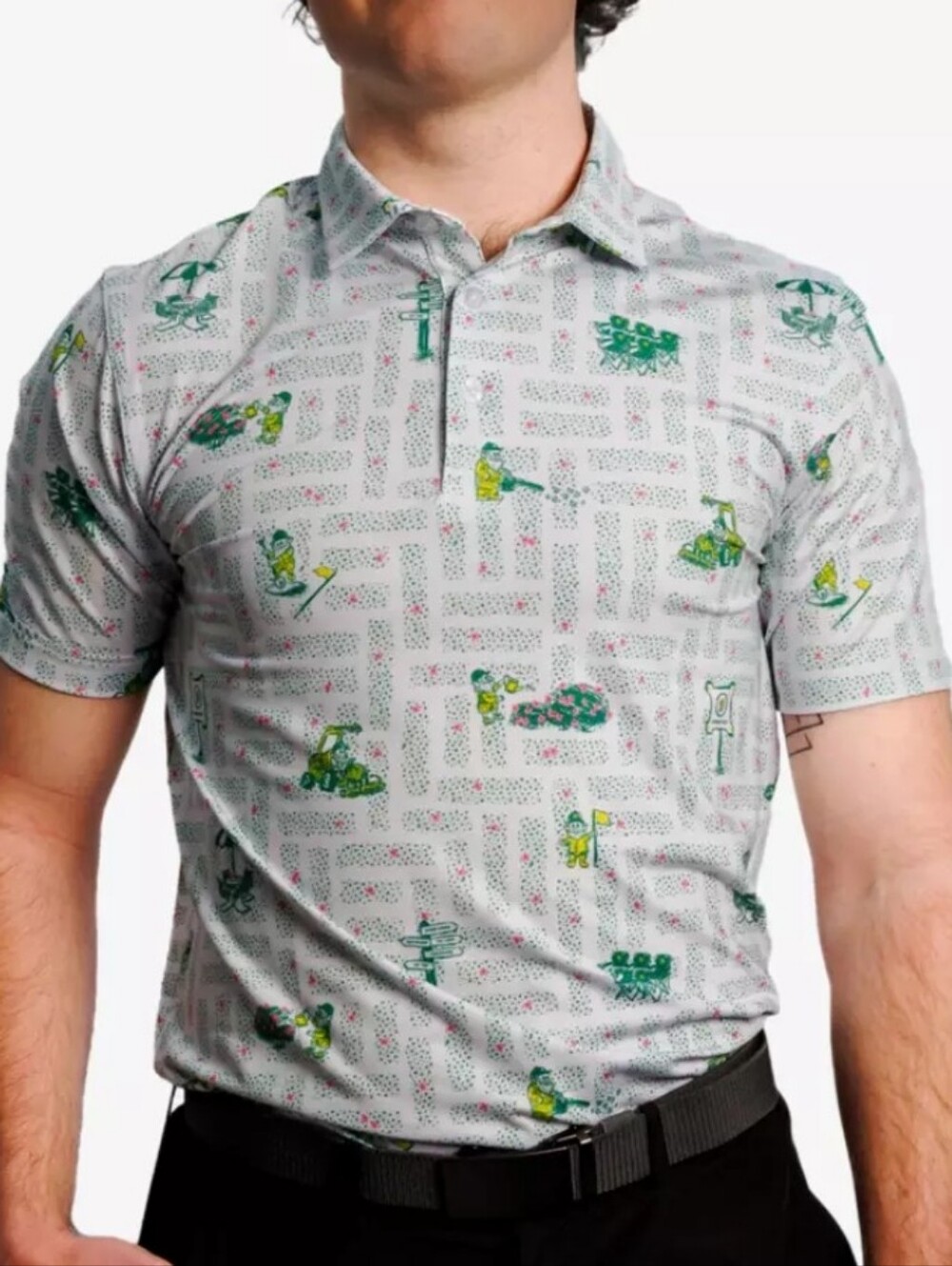 Waggle Mens Large Golf Performance Polo Grounds Crew Gnome Print